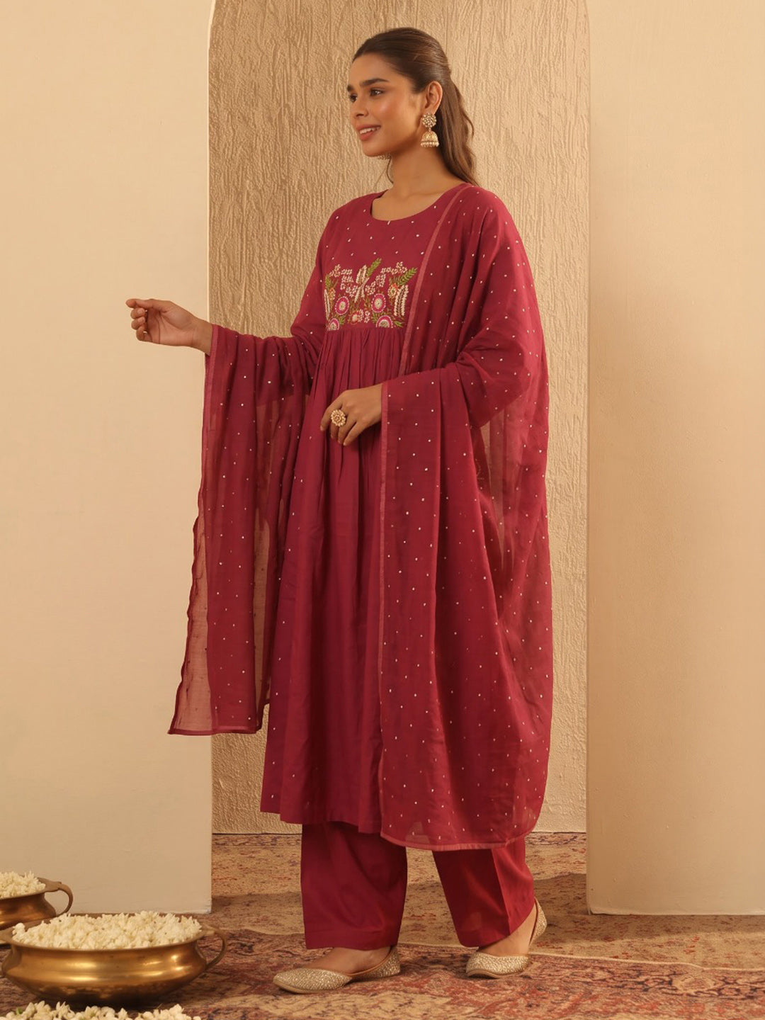 Maroon Printed Cotton Blend Kurta With Pant & Dupatta