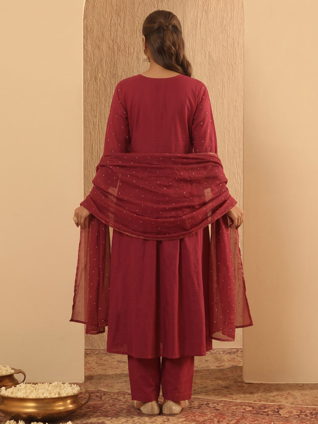 Maroon Printed Cotton Blend Kurta With Pant & Dupatta