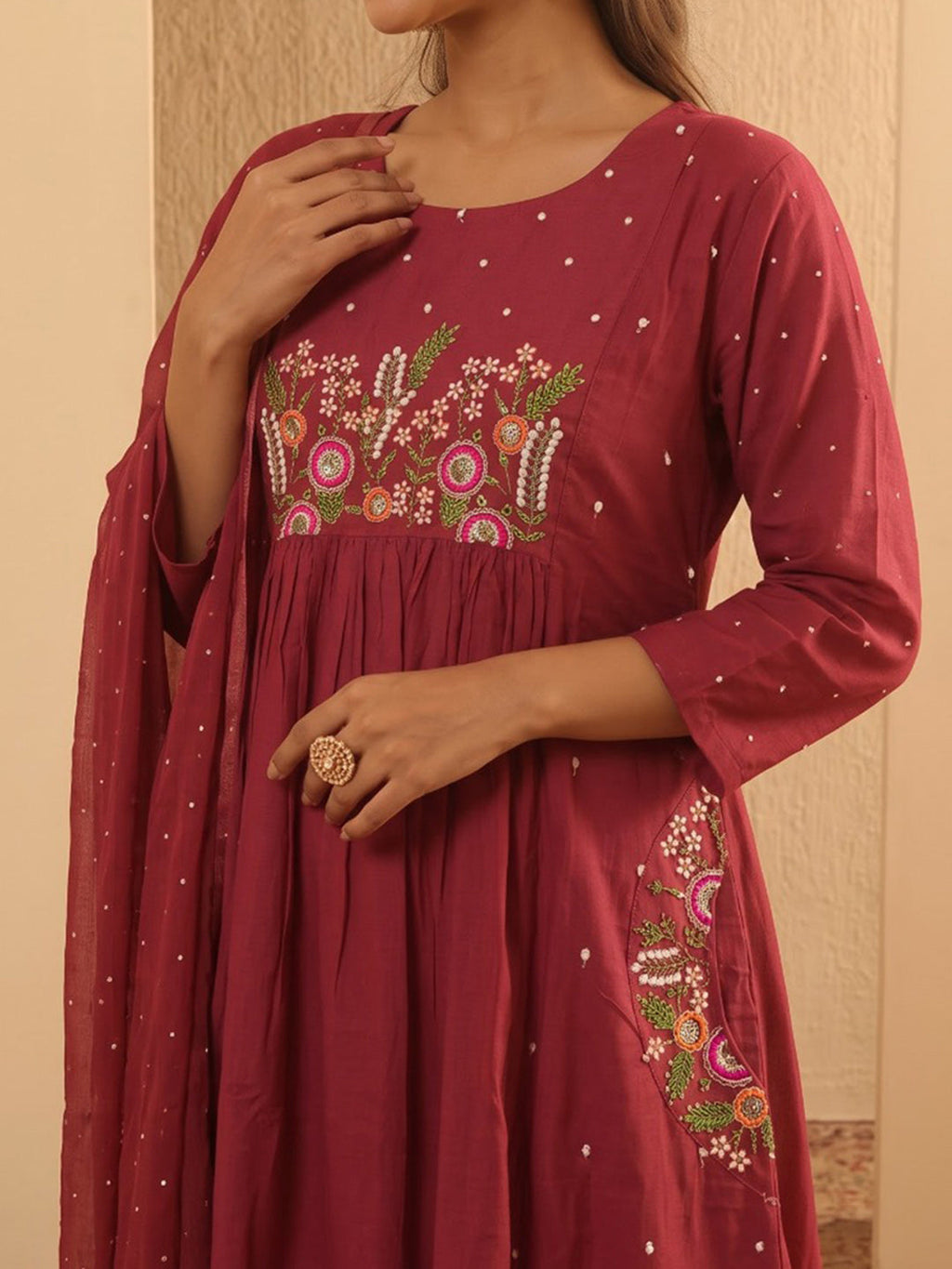 Maroon Printed Cotton Blend Kurta With Pant & Dupatta