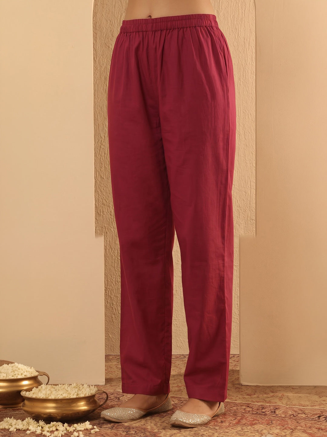 Maroon Printed Cotton Blend Kurta With Pant & Dupatta