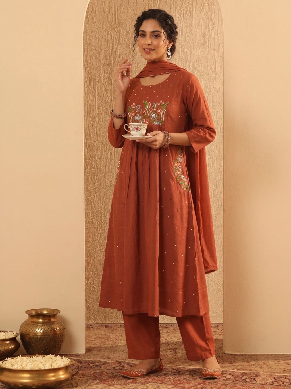 Rust Printed Cotton Blend Kurta With Pant & Dupatta