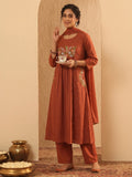 Rust Printed Cotton Blend Kurta With Pant & Dupatta