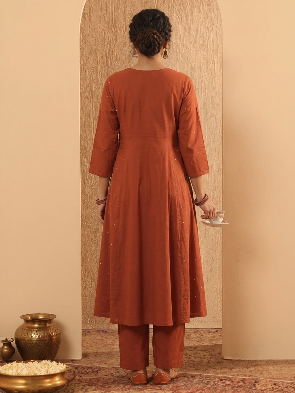 Rust Printed Cotton Blend Kurta With Pant & Dupatta
