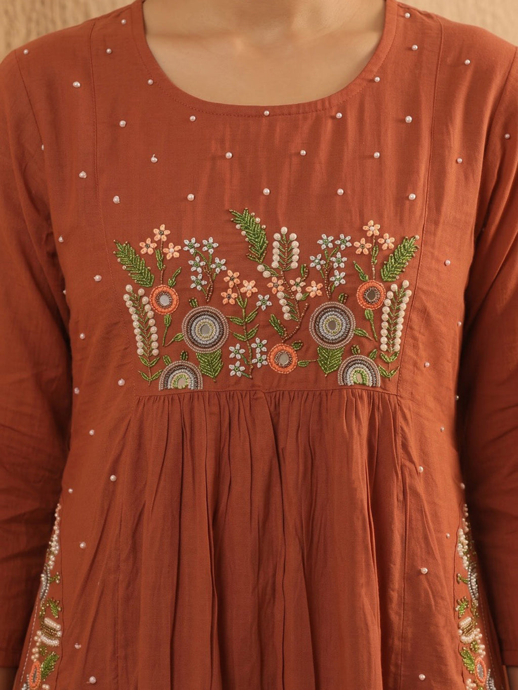 Rust Printed Cotton Blend Kurta With Pant & Dupatta