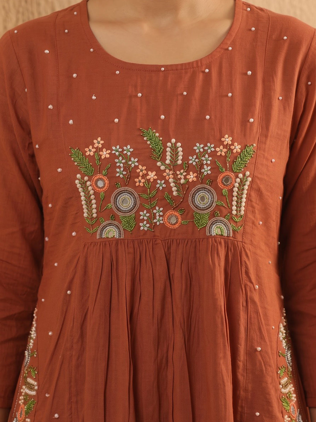 Rust Printed Cotton Blend Kurta With Pant & Dupatta