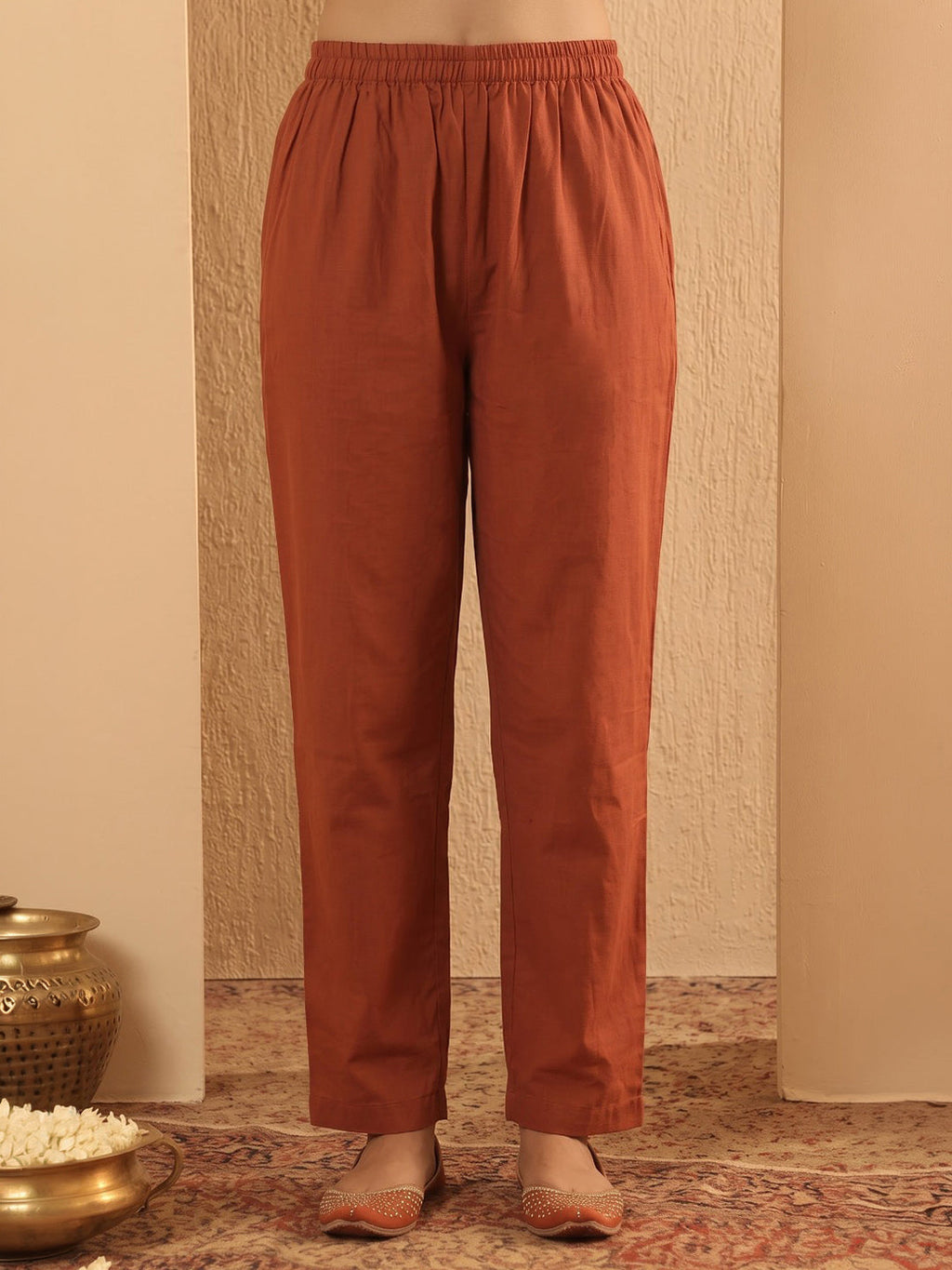 Rust Printed Cotton Blend Kurta With Pant & Dupatta