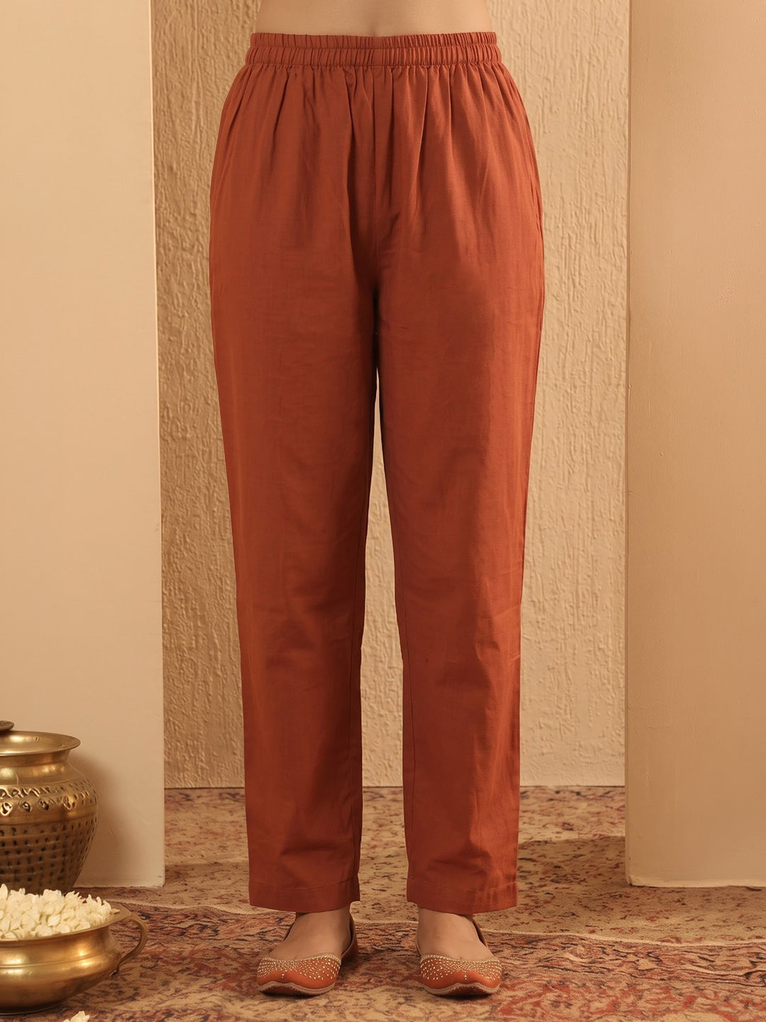 Rust Printed Cotton Blend Kurta With Pant & Dupatta