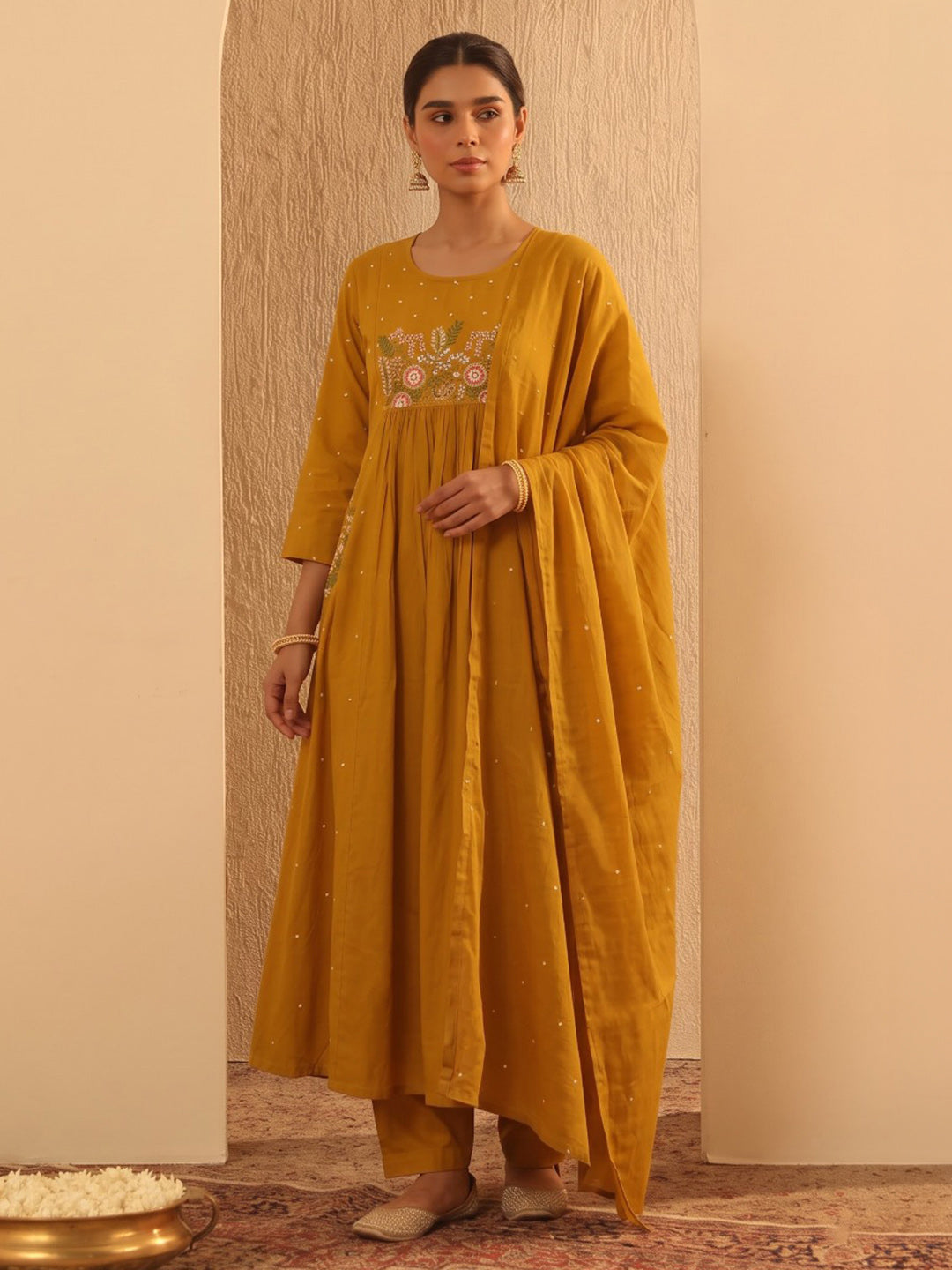 Yellow Printed Cotton Blend Kurta With Pant & Dupatta
