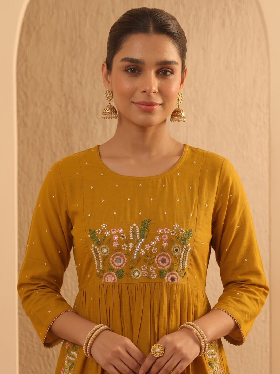 Yellow Printed Cotton Blend Kurta With Pant & Dupatta
