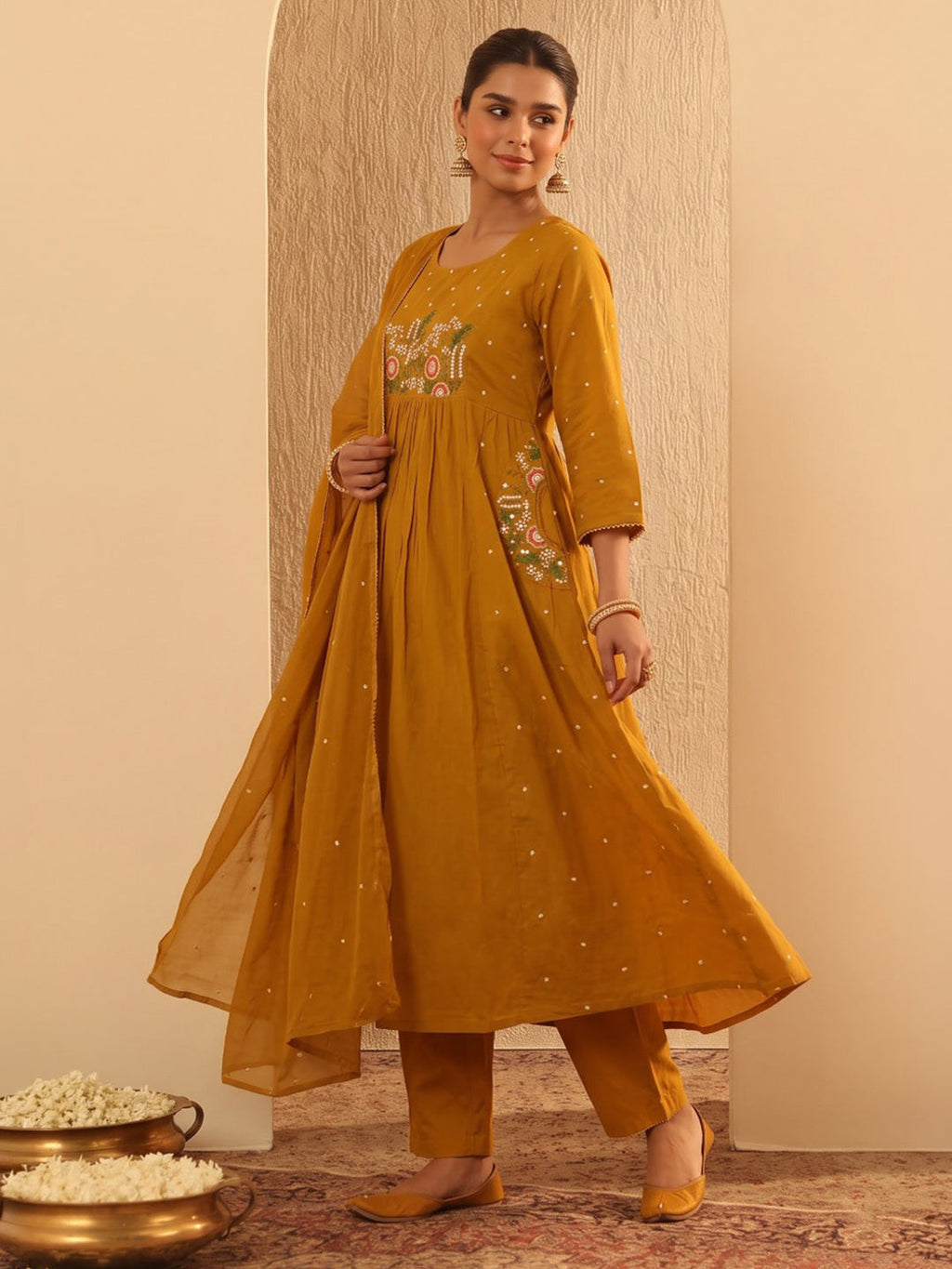 Yellow Printed Cotton Blend Kurta With Pant & Dupatta
