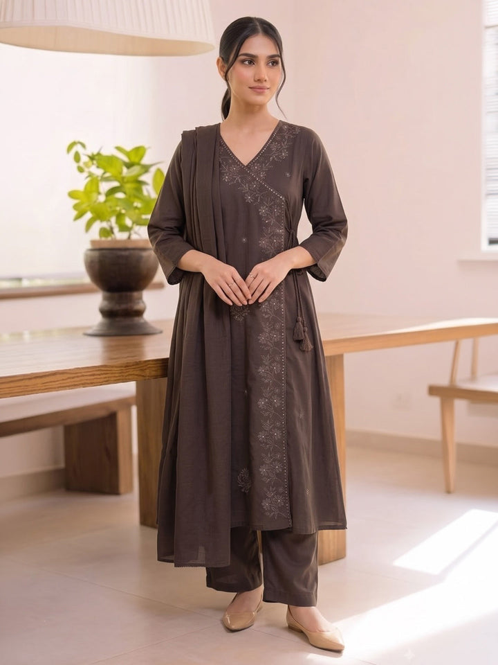 Brown Printed Cotton Blend Kurta With Pant &amp; Dupatta