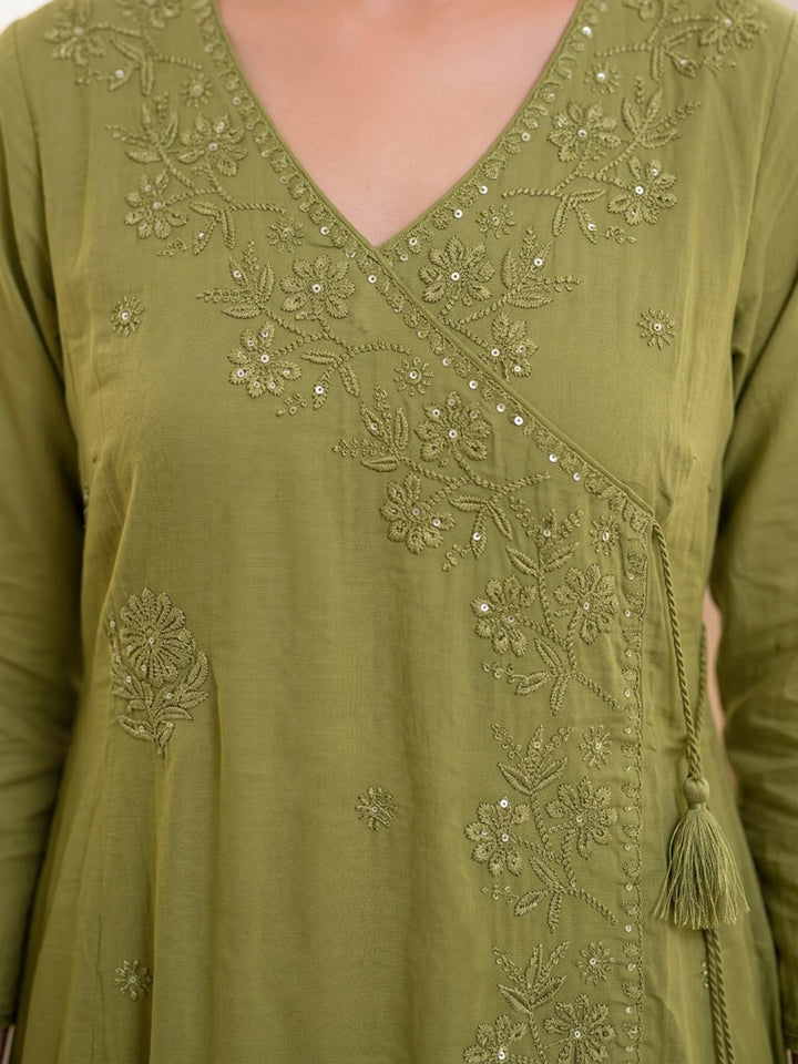 Green Printed Cotton Blend Kurta With Pant &amp; Dupatta