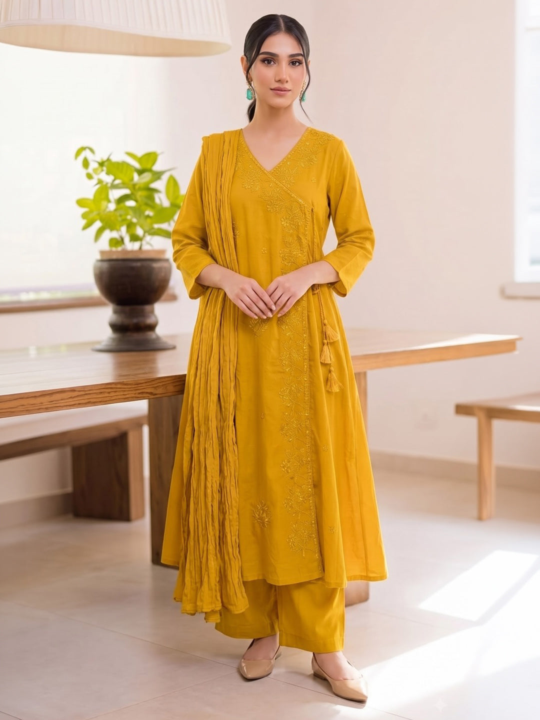 Mustard Printed Cotton Blend Kurta With Pant &amp; Dupatta