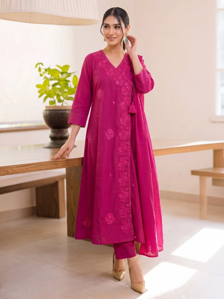 Pink Printed Cotton Blend Kurta With Pant &amp; Dupatta