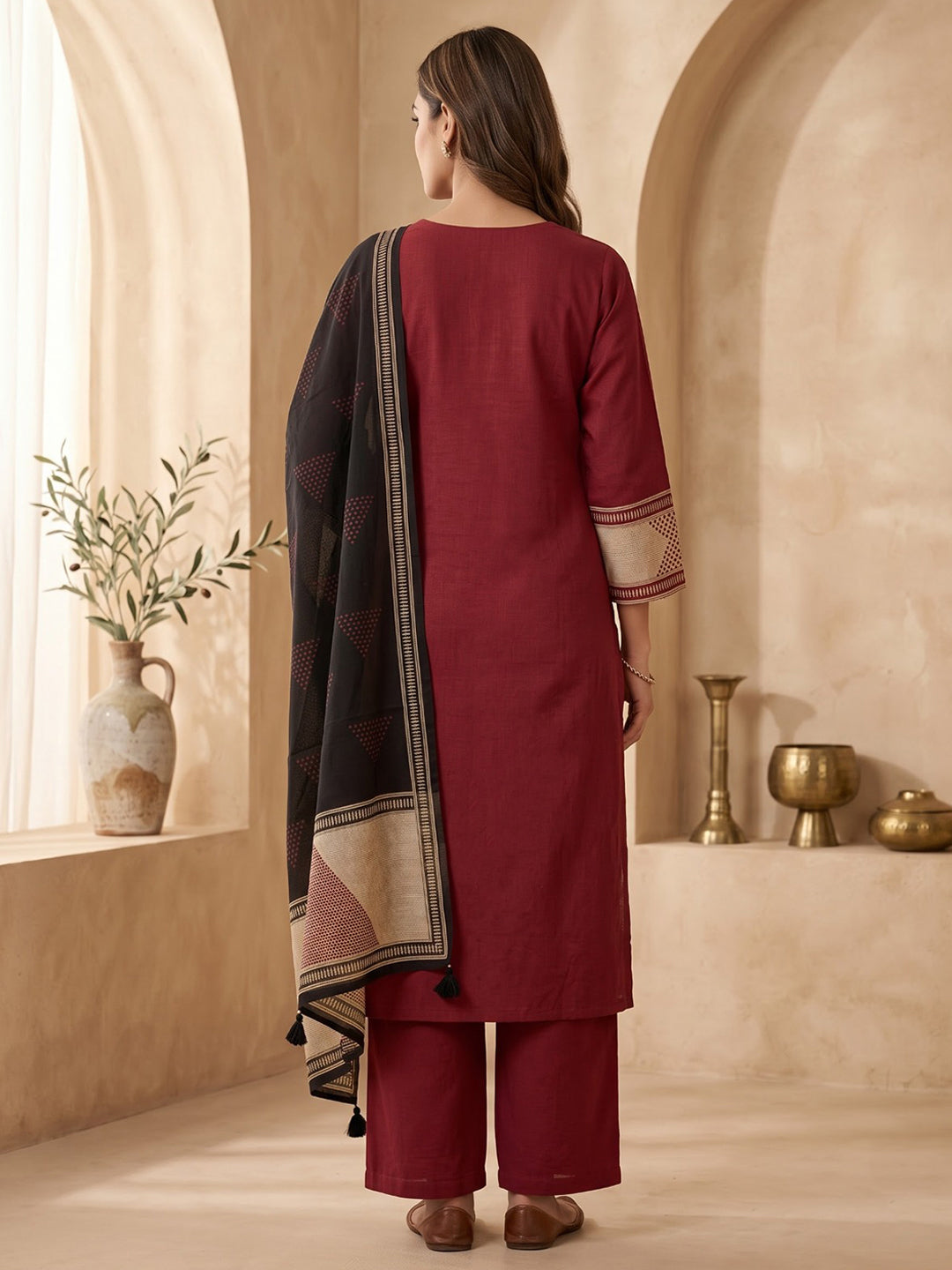 Maroon Printed Cotton Blend Kurta With Pant &amp; Dupatta