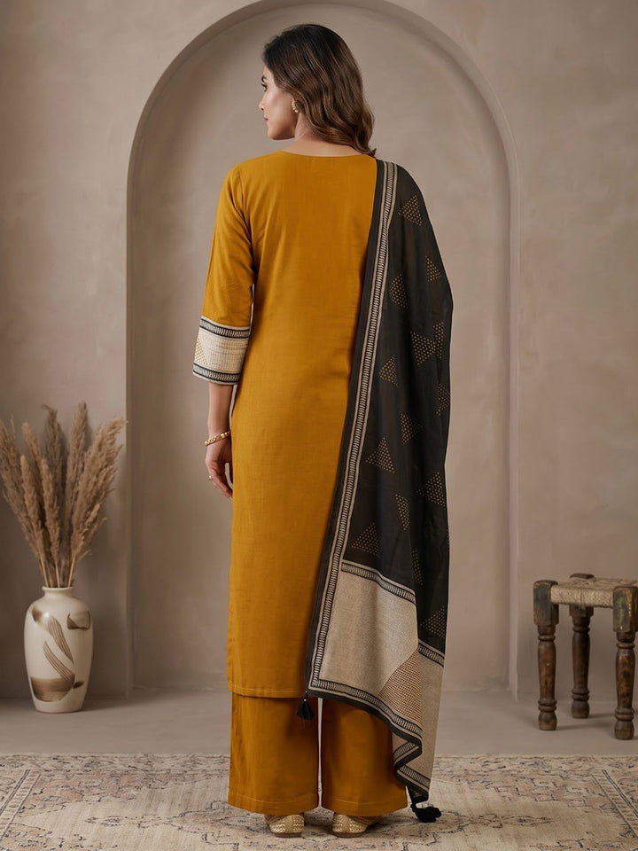 Mustard Printed Cotton Blend Kurta With Pant &amp; Dupatta