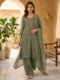 Aqua Green Embroidered Art Silk Kurta With Pant & Dupatta
