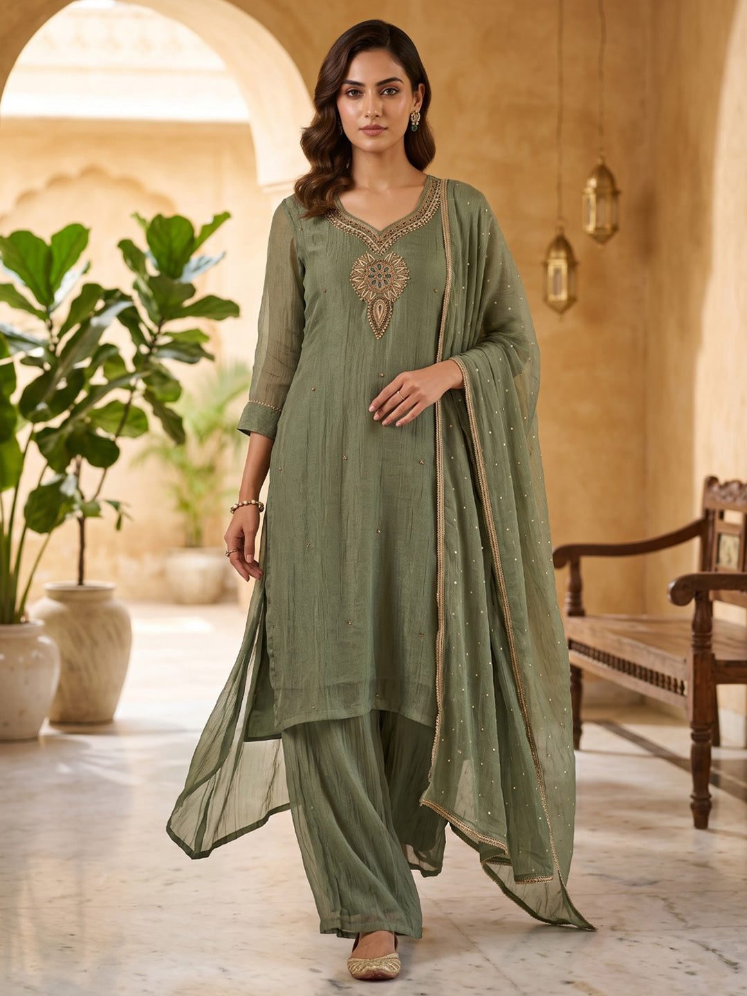 Aqua Green Embroidered Art Silk Kurta With Pant & Dupatta