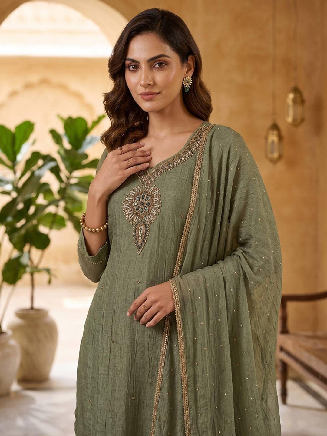 Aqua Green Embroidered Art Silk Kurta With Pant & Dupatta