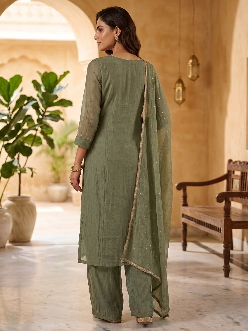 Aqua Green Embroidered Art Silk Kurta With Pant & Dupatta