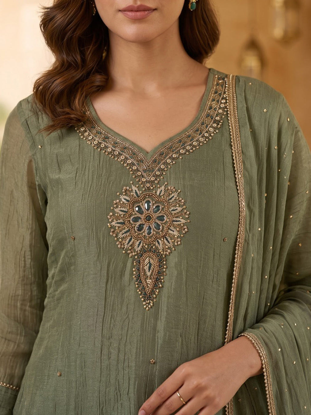 Aqua Green Embroidered Art Silk Kurta With Pant & Dupatta