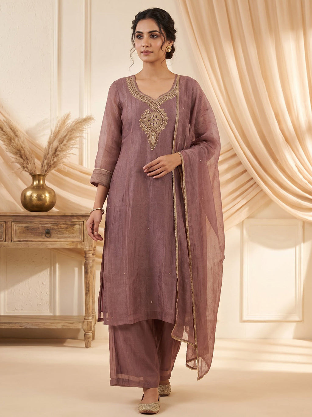 Lavender Embroidered Art Silk Kurta With Pant & Dupatta