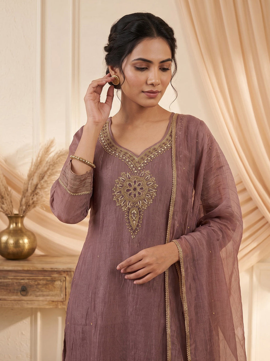 Lavender Embroidered Art Silk Kurta With Pant & Dupatta