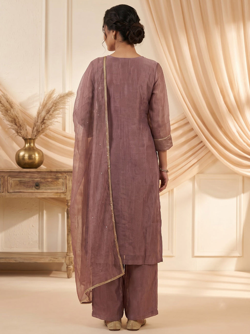Lavender Embroidered Art Silk Kurta With Pant & Dupatta