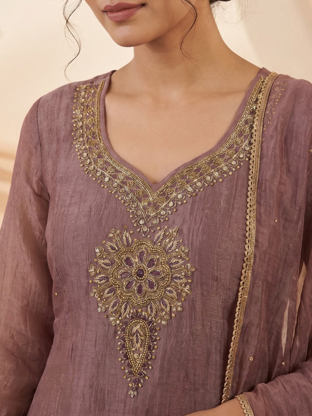 Lavender Embroidered Art Silk Kurta With Pant & Dupatta