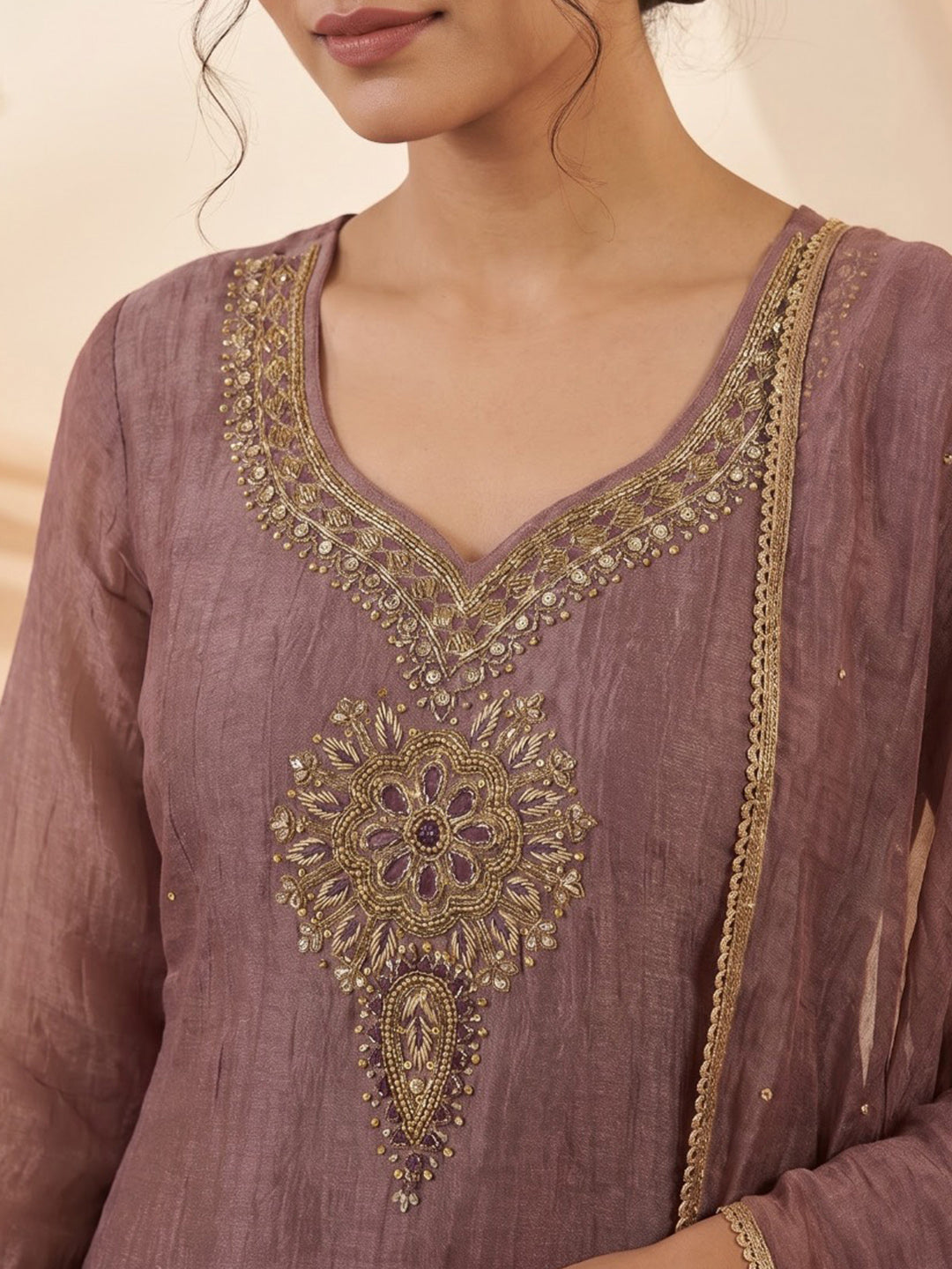 Lavender Embroidered Art Silk Kurta With Pant & Dupatta