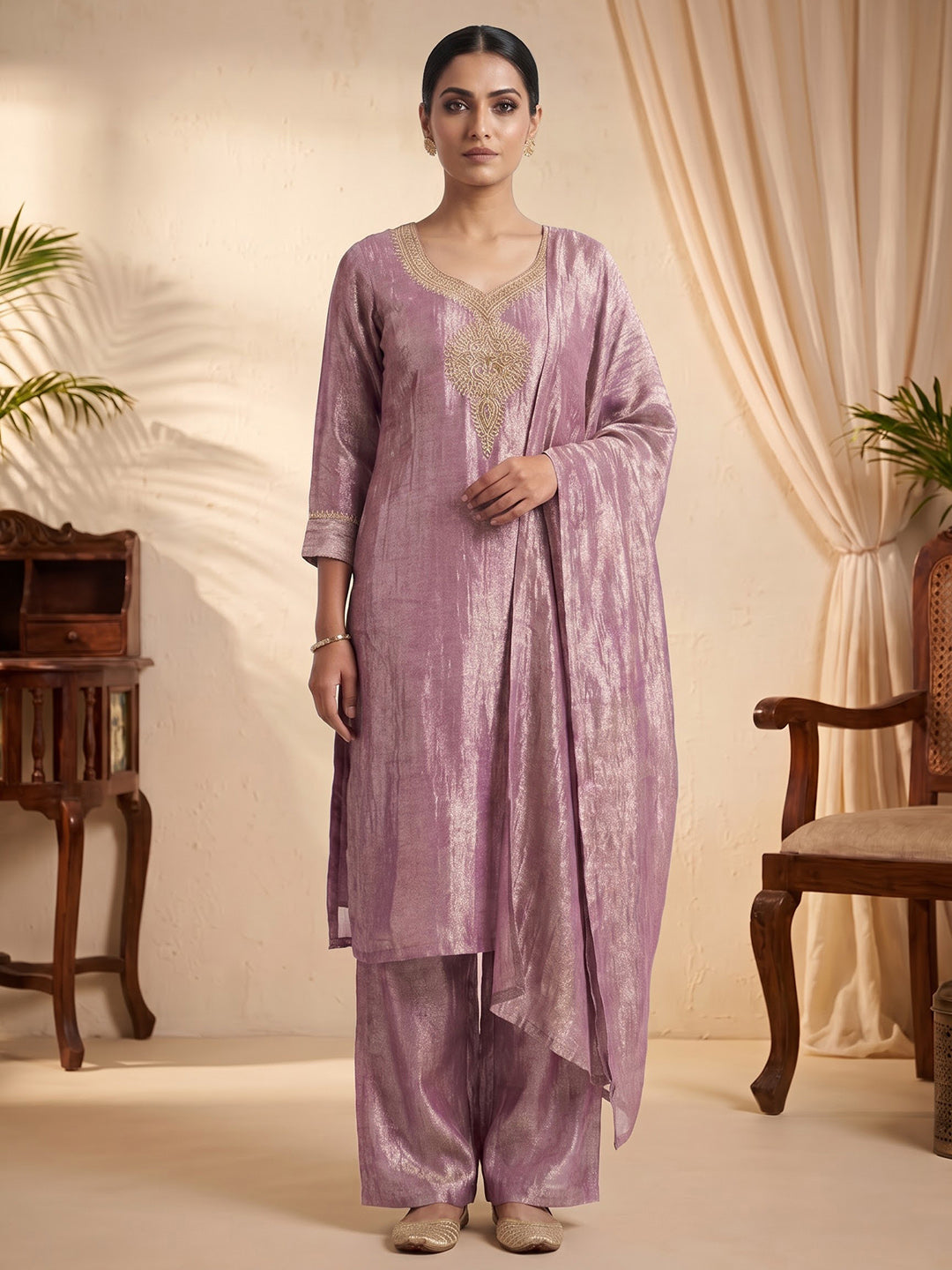 Pink Embroidered Art Silk Kurta With Pant & Dupatta