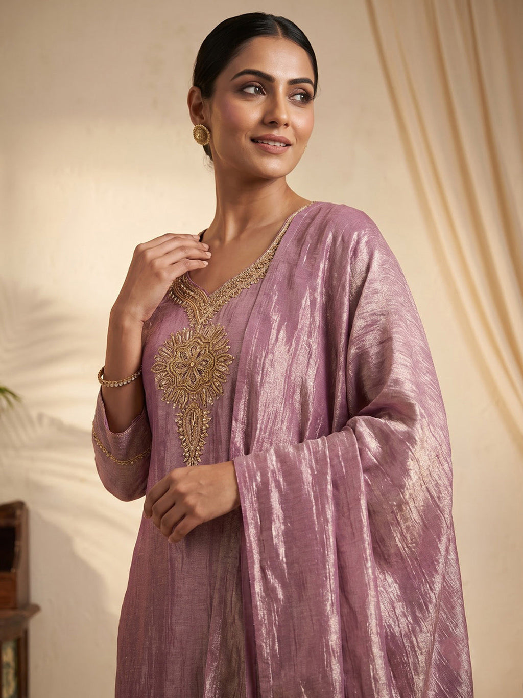 Pink Embroidered Art Silk Kurta With Pant & Dupatta