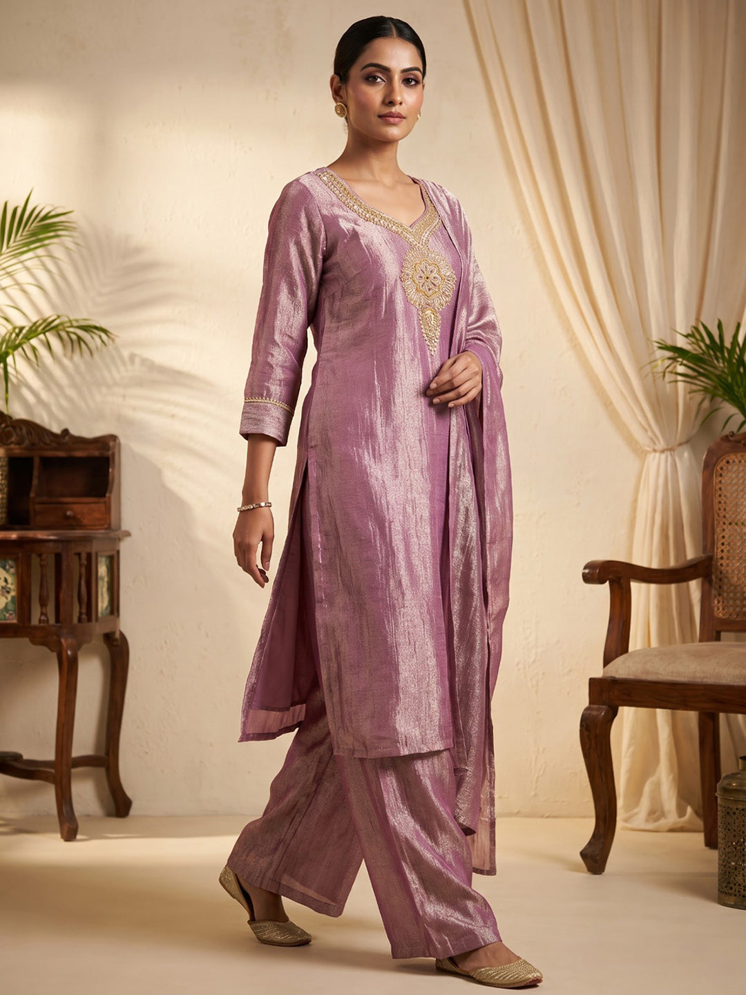 Pink Embroidered Art Silk Kurta With Pant & Dupatta