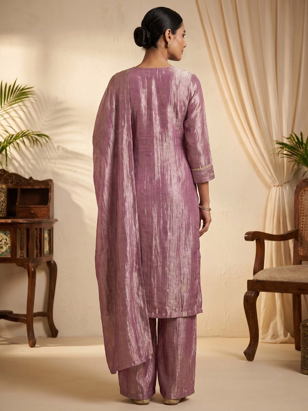 Pink Embroidered Art Silk Kurta With Pant & Dupatta