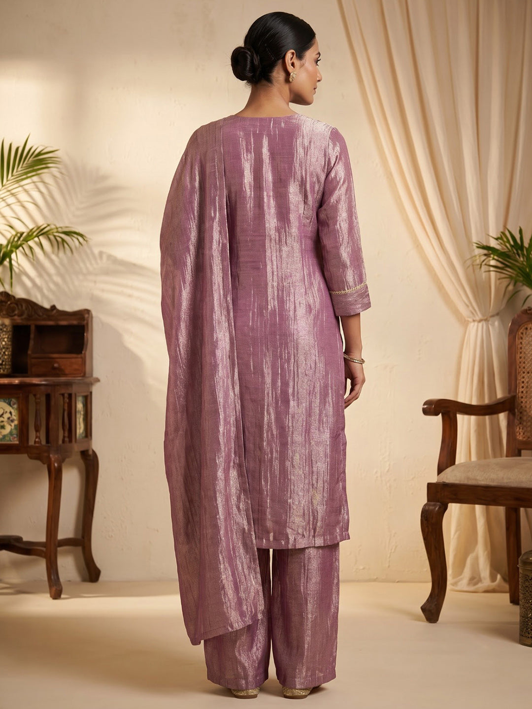 Pink Embroidered Art Silk Kurta With Pant & Dupatta