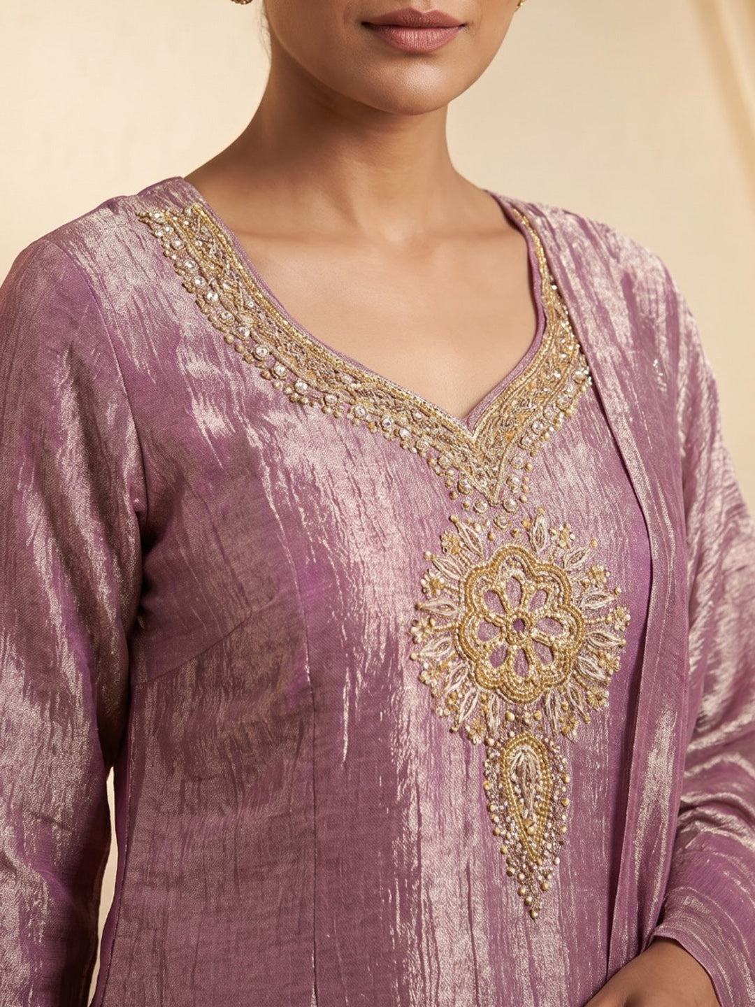Pink Embroidered Art Silk Kurta With Pant & Dupatta