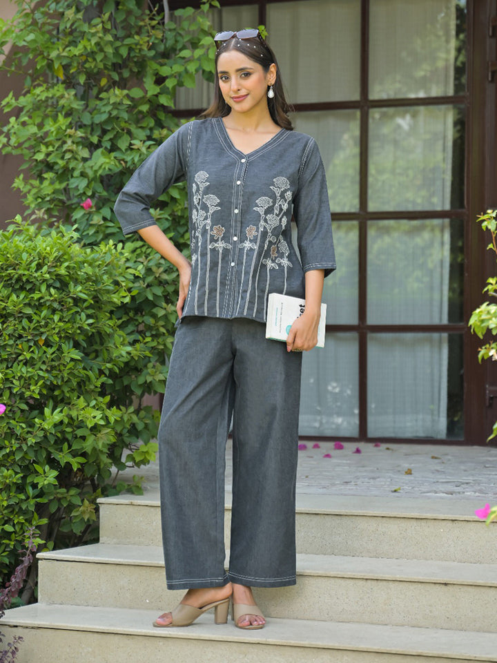 Grey Printed Cotton Blend Kurta Set