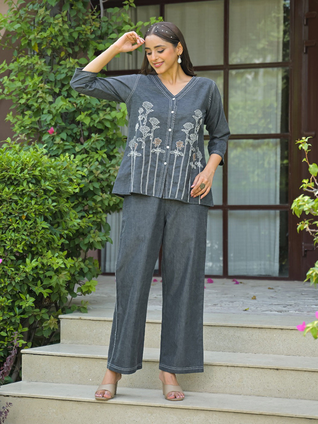 Grey Printed Cotton Blend Kurta Set