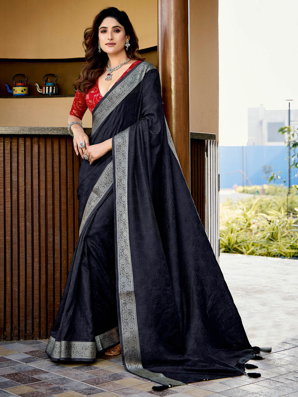 Black Art Silk Printed Saree