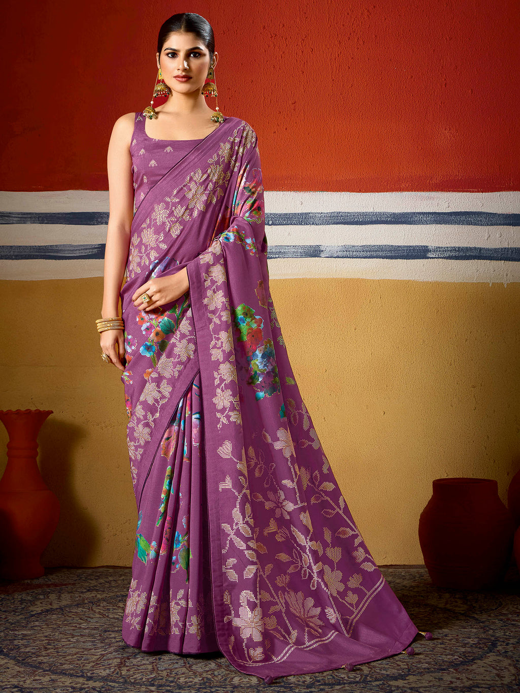 Purple Dola Silk Printed Saree