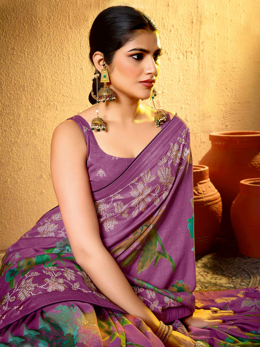 Purple Dola Silk Printed Saree