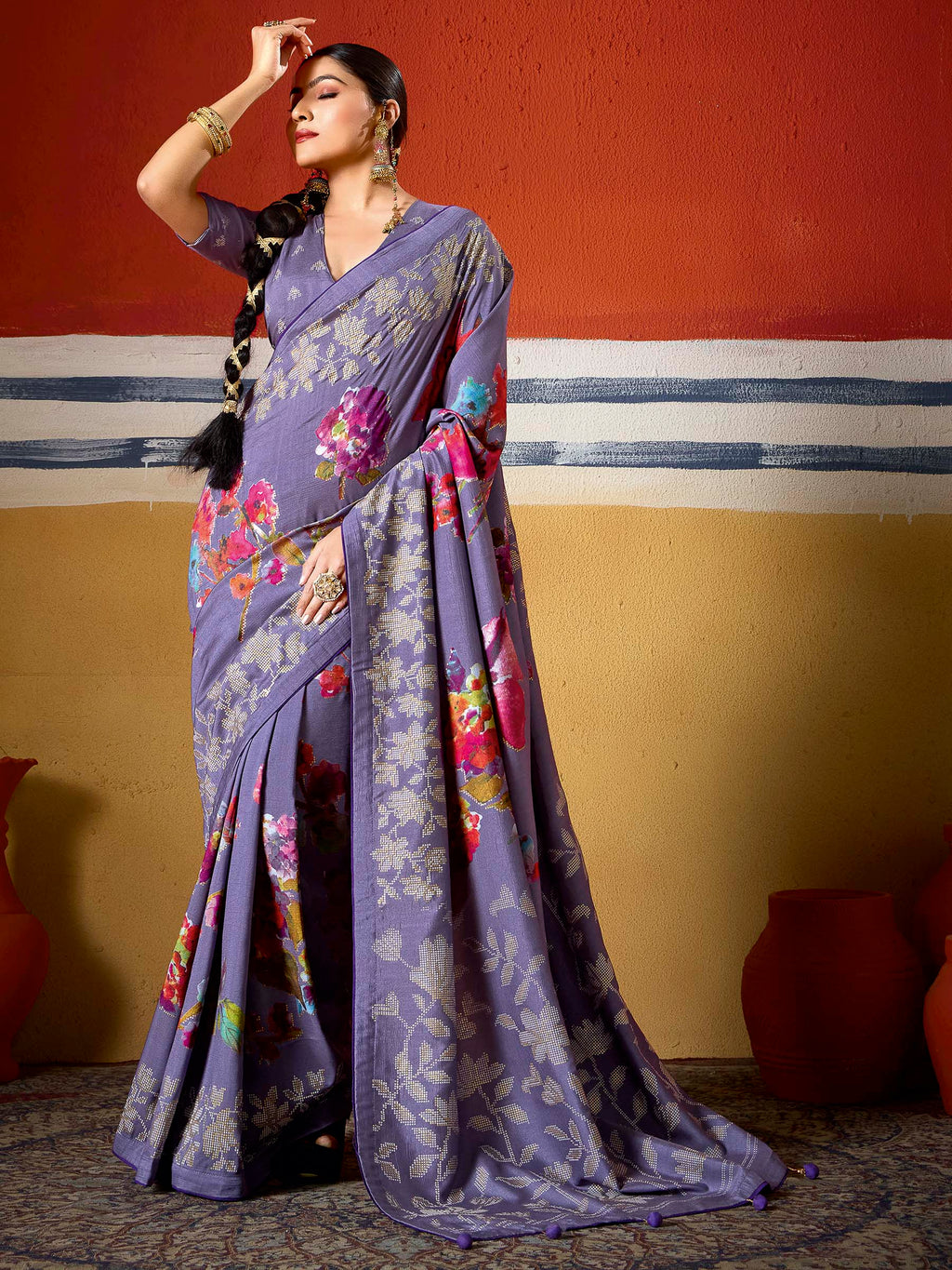 Purple Dola Silk Printed Saree