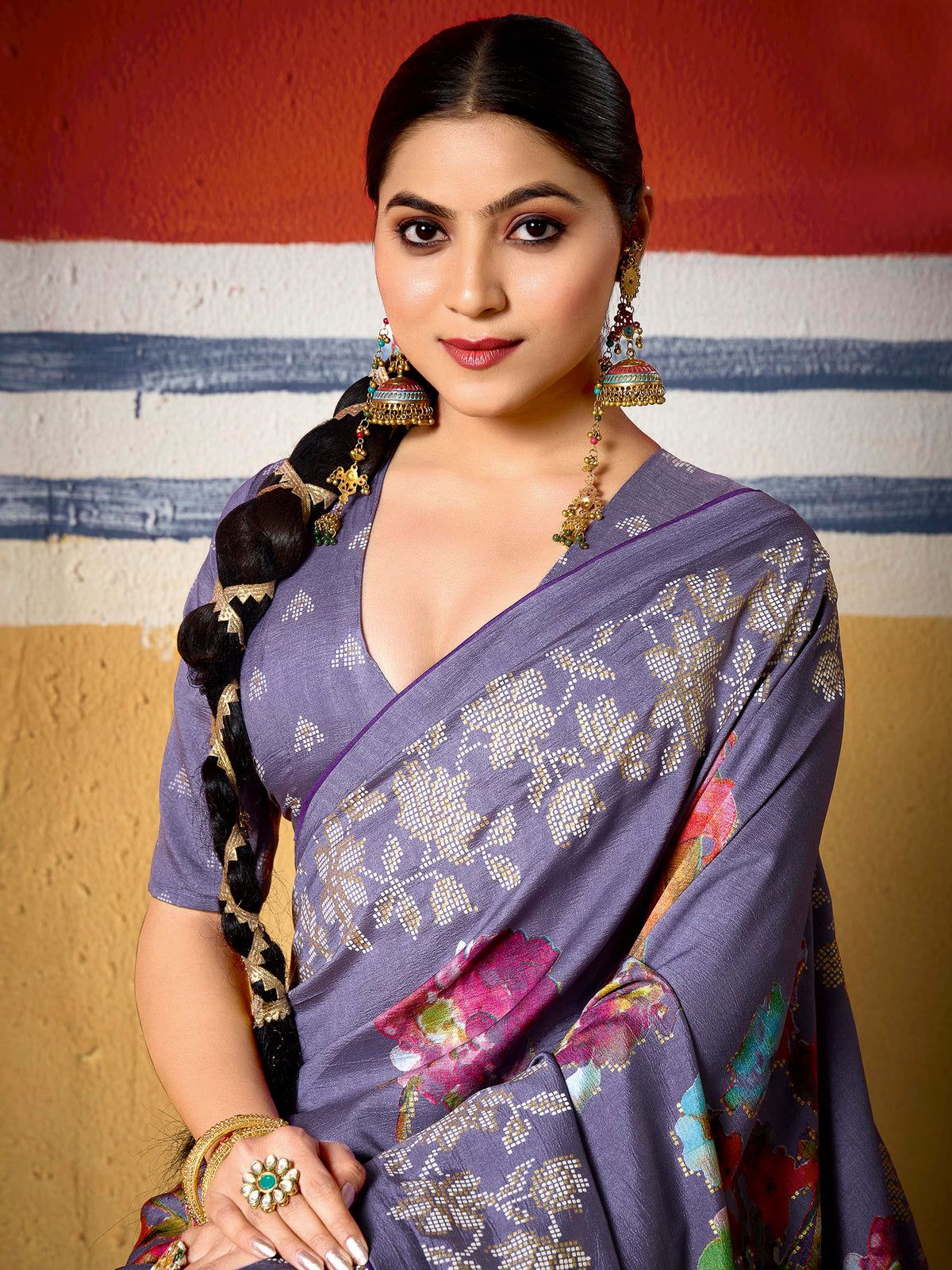 Purple Dola Silk Printed Saree