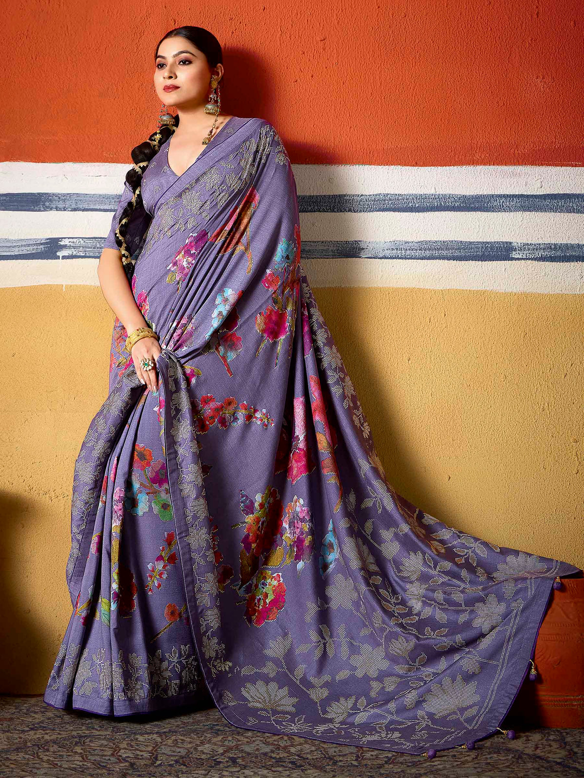 Purple Dola Silk Printed Saree