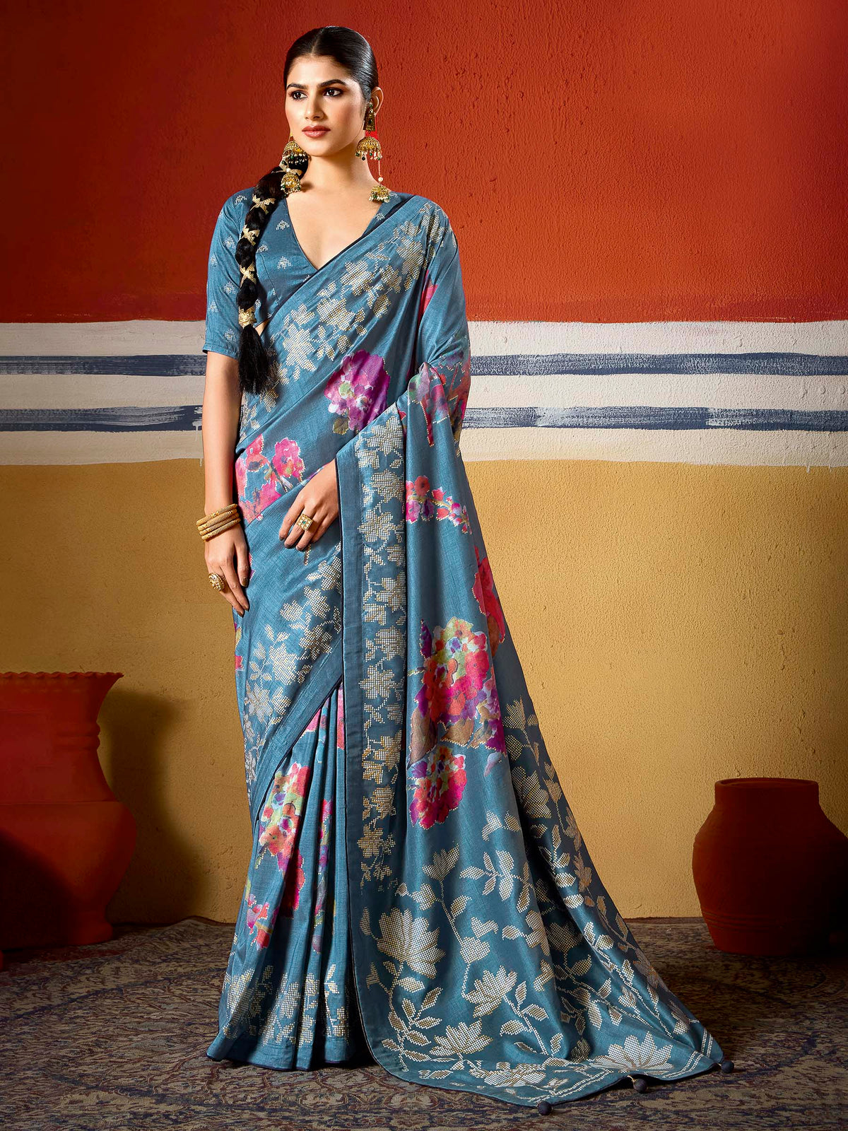 Sky-Blue Dola Silk Printed Saree