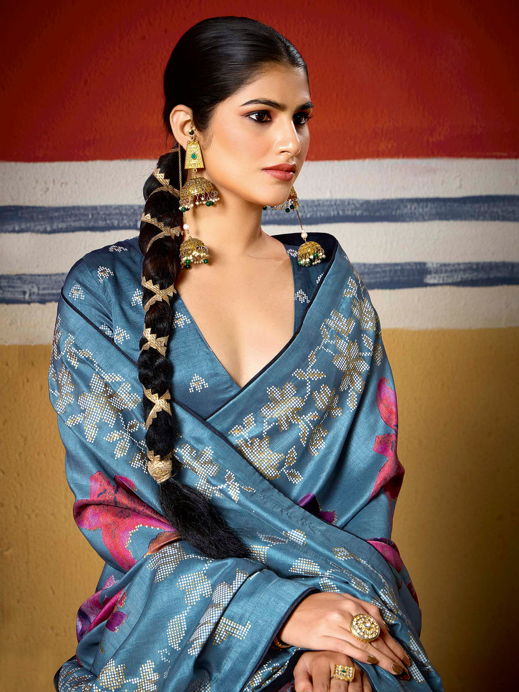 Sky-Blue Dola Silk Printed Saree