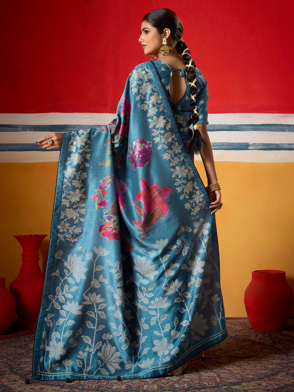 Sky-Blue Dola Silk Printed Saree
