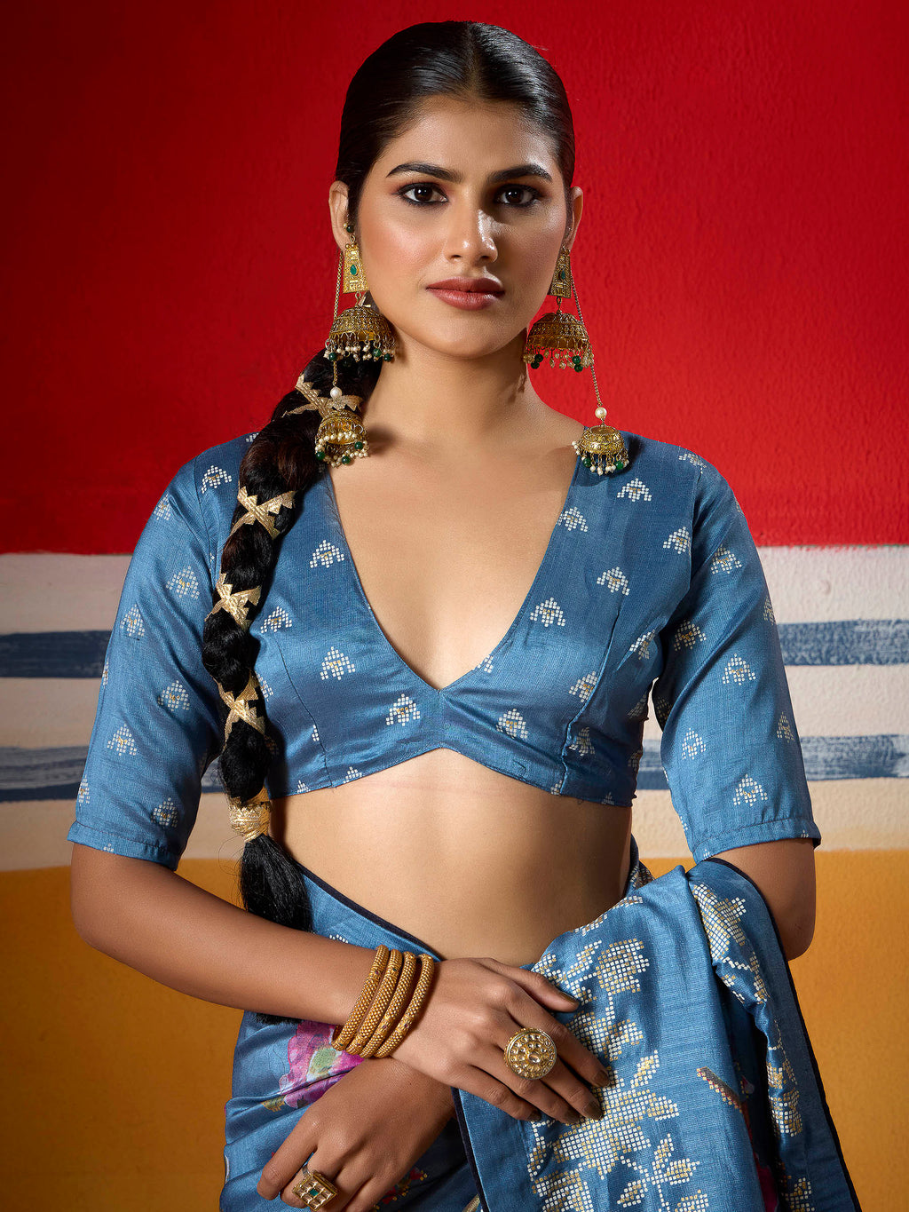Sky-Blue Dola Silk Printed Saree