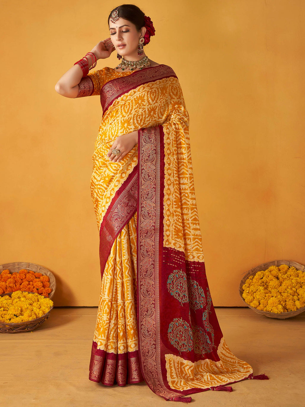 Orange Art Silk Printed Saree