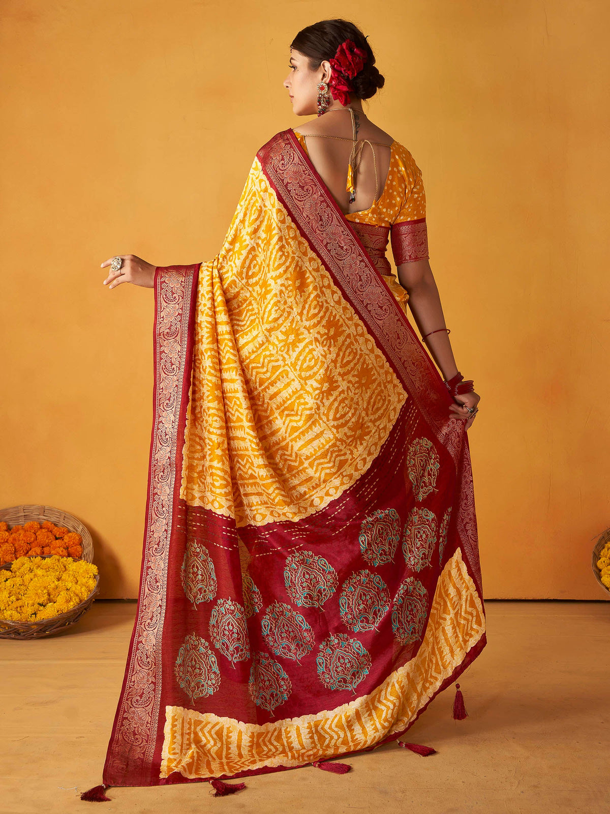 Orange Art Silk Printed Saree